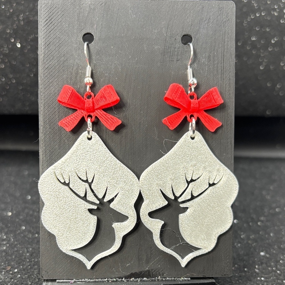 🦌 Reindeer Earrings with Red Bow & Gold Accents